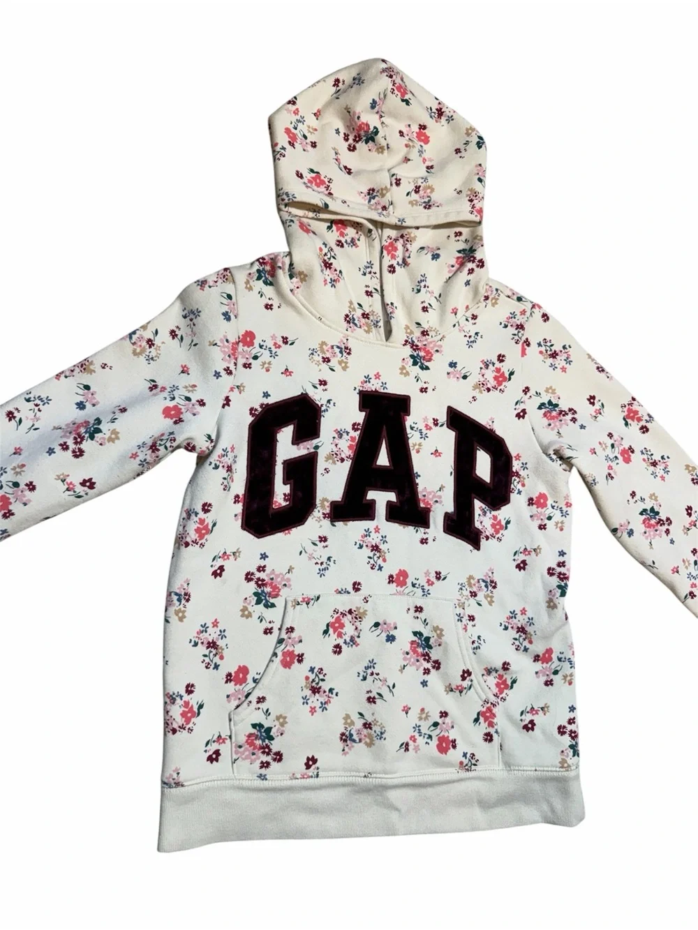 GAP kids Cream Hoodie with Pink Floral Print and Maroon Logo size XL 12